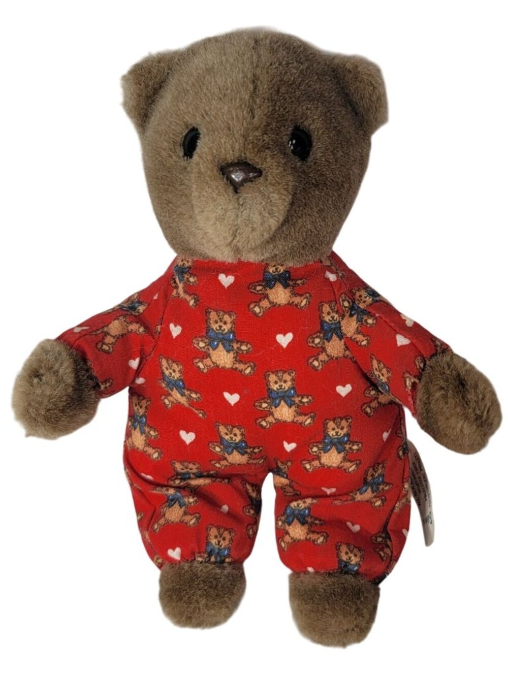 Eden Teddy Bear Plush Dark Brown 8" Red Pajamas Heart & Puppy Print Vintage 1989